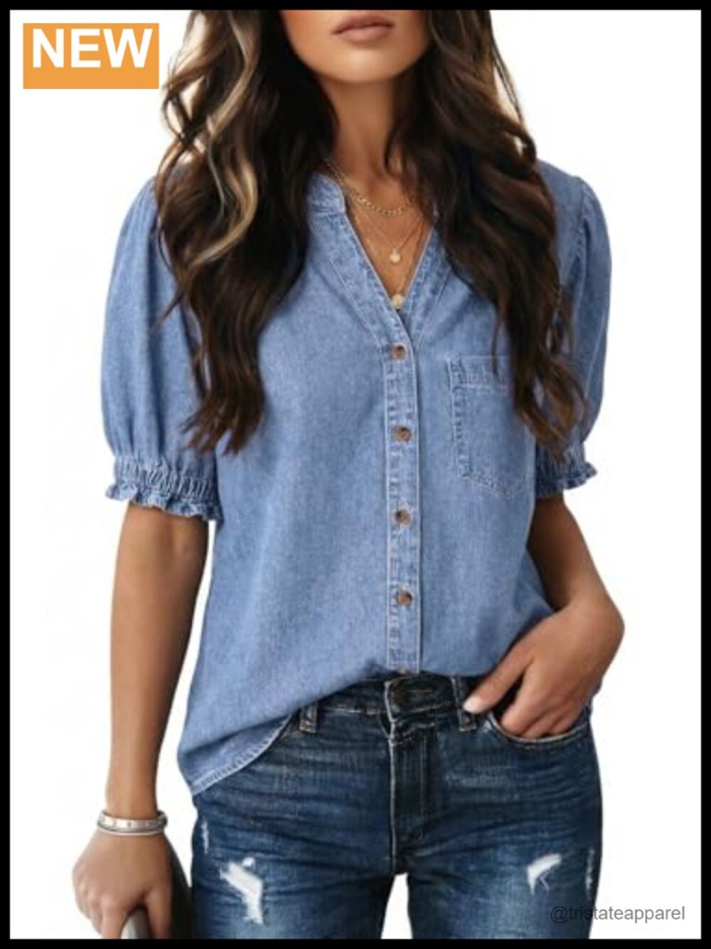 Women's Denim Button Down V-Neck Short Sleeve Cotton Blouse Top